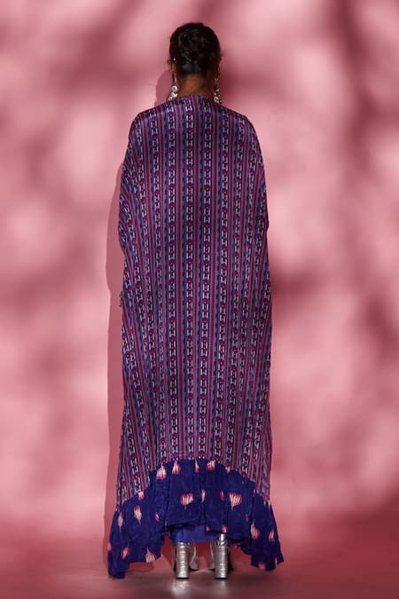 Shop Esha L Amin Purple French And Silk Geometric & Lotus Print Long Cape at Aza Fashions Shop_Esha L Amin_Purple French And Silk Geometric & Lotus Print Long Cape _at_Aza_Fashions