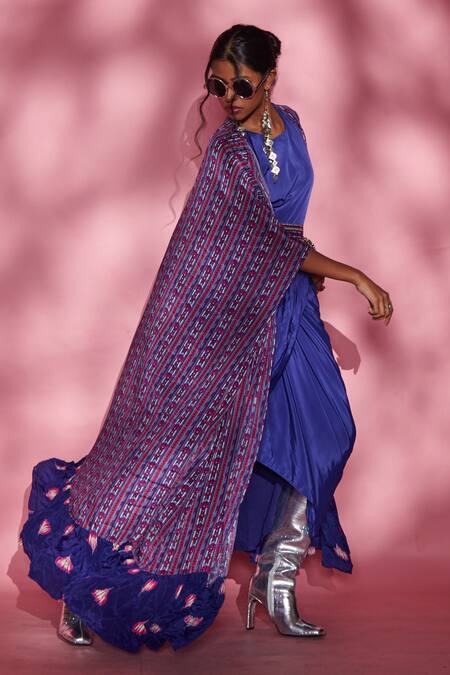 Esha L Amin Purple French And Silk Geometric & Lotus Print Long Cape Online at Aza Fashions Esha L Amin_Purple French And Silk Geometric & Lotus Print Long Cape _Online_at_Aza_Fashions