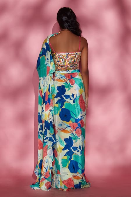 Esha L Amin Floral Print Pre-Draped Saree 