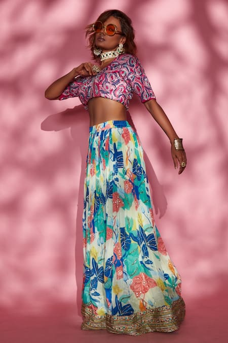 Esha L Amin_Multi Color Modal Satin And Butter Crepe Floral Print & Sequin Lehenga_Online_at_Aza_Fashions