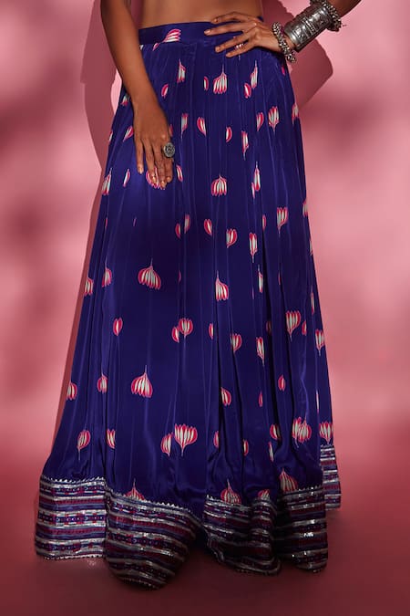 Buy_Esha L Amin_Purple Modal Satin And Butter Crepe Lotus Print Lehenga_Online_at_Aza_Fashions