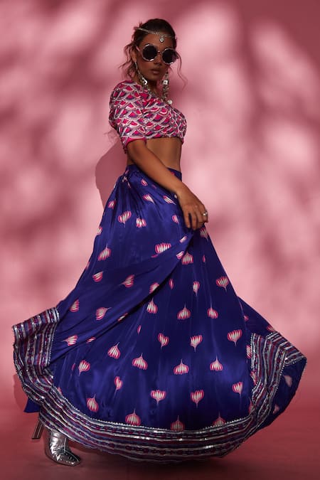 Esha L Amin_Purple Modal Satin And Butter Crepe Lotus Print Lehenga_Online_at_Aza_Fashions