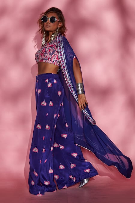 Esha L Amin_Purple Modal Lotus Print Palazzo_Online_at_Aza_Fashions