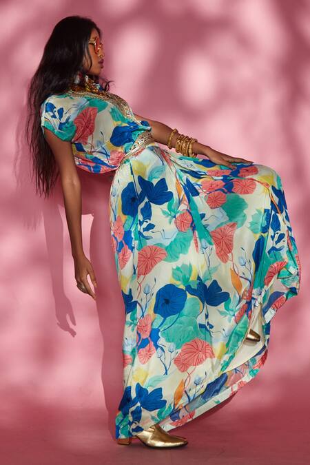 Esha L Amin_Multi Color Silk Crepe Floral Print V Neck Top_Online_at_Aza_Fashions