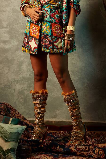 Esha L Amin_Multi Color Modal Embroidery Big Tile Print Shorts _Online_at_Aza_Fashions