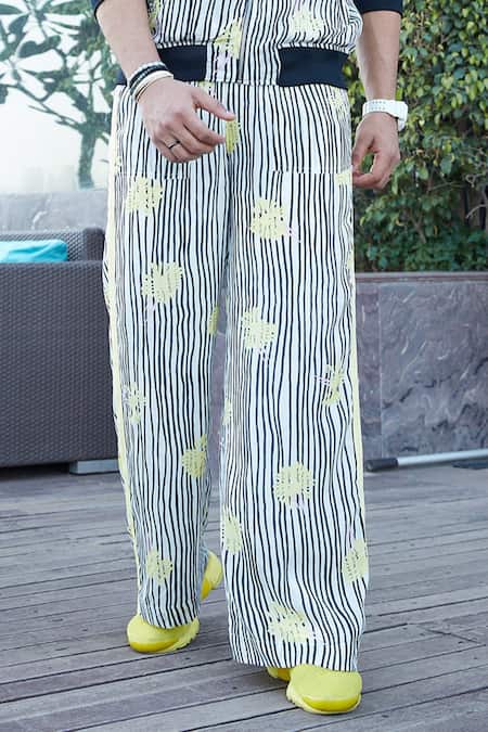 Buy_Esha L Amin_White Crepe Floral Motifs, Stripes Printed Bomber Jacket And Pant Set _Online_at_Aza_Fashions