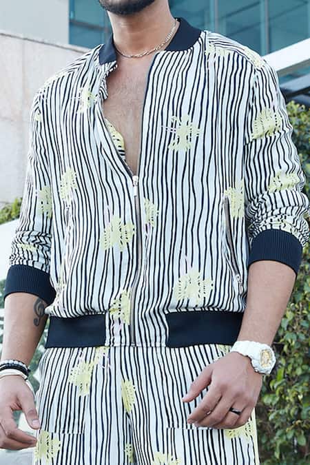 Shop_Esha L Amin_White Crepe Floral Motifs, Stripes Printed Bomber Jacket And Pant Set _Online_at_Aza_Fashions