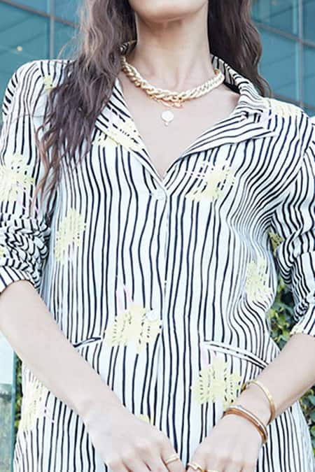 Esha L Amin_White Crepe Floral Motifs, Stripes Shirt Collar Printed And Pant Set _at_Aza_Fashions