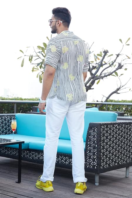 Shop Esha L Amin White Crepe Floral Motifs, Stripes Shirt at Aza Fashions Shop_Esha L Amin_White Crepe Floral Motifs, Stripes Shirt _at_Aza_Fashions