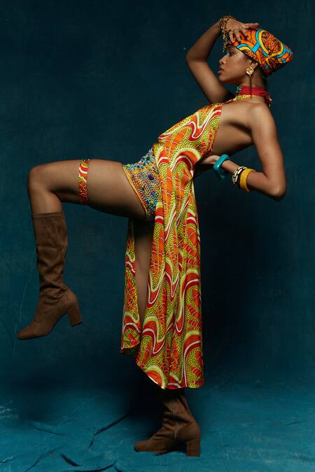 Esha L Amin_Yellow Viscose Crepe Abstract Halter Neck Pattern Tunic _Online_at_Aza_Fashions