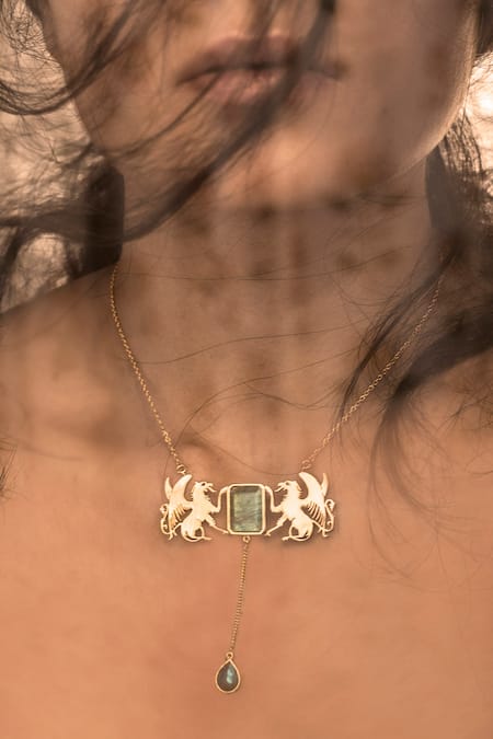 Eina Ahluwalia Gold Plated Brass Studded Pendant Necklace Online at Aza Fashions Eina Ahluwalia_Gold Plated Brass Studded Pendant Necklace_Online_at_Aza_Fashions
