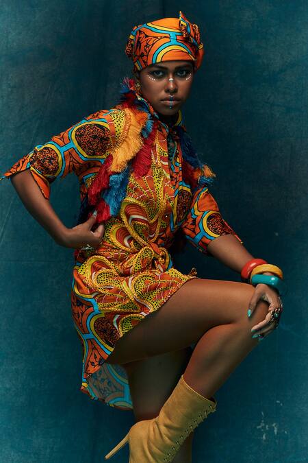 Esha L Amin_Yellow Viscose Crepe Abstract Shirt Collar Pattern Dress _Online_at_Aza_Fashions