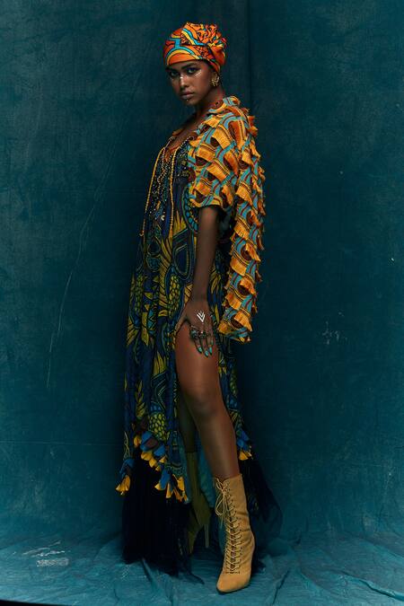 Esha L Amin Blue Tulle, Crepe, Modal Satin Floral Dress V Neck, Jacket Spread Collar Print Online at Aza Fashions Esha L Amin_Blue Tulle, Crepe, Modal Satin Floral Dress V Neck, Jacket Spread Collar Print _Online_at_Aza_Fashions