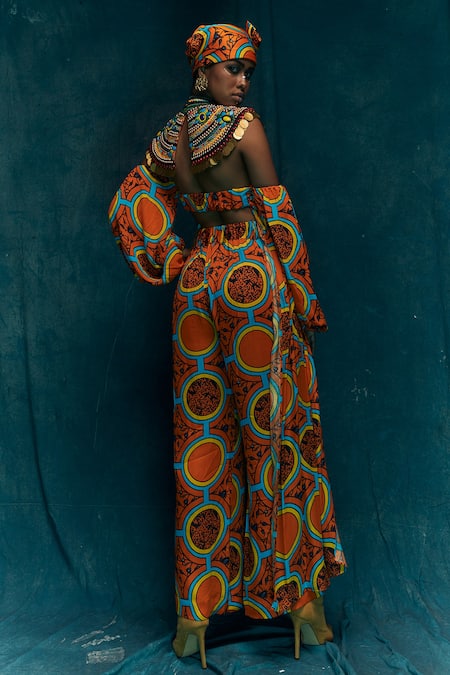 Shop Esha L Amin Orange Viscose Crepe Geometric Sweetheart Neck Pattern Bikini Tunic at Aza Fashions Shop_Esha L Amin_Orange Viscose Crepe Geometric Sweetheart Neck Pattern Bikini Tunic _at_Aza_Fashions