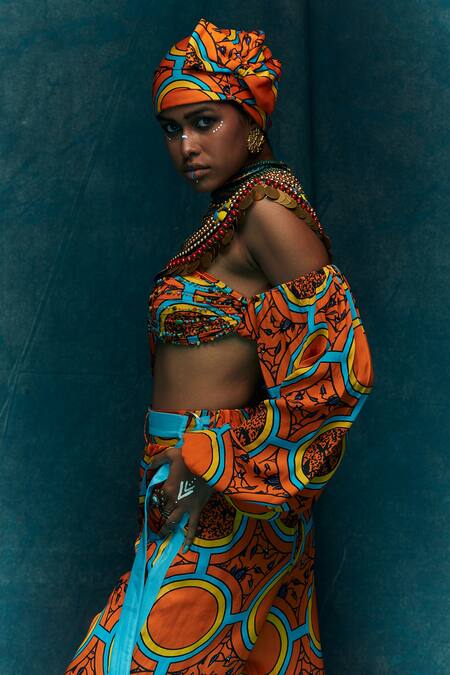 Esha L Amin Orange Viscose Crepe Geometric Sweetheart Neck Pattern Bikini Tunic Online at Aza Fashions Esha L Amin_Orange Viscose Crepe Geometric Sweetheart Neck Pattern Bikini Tunic _Online_at_Aza_Fashions