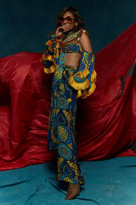 Esha L Amin_Blue Viscose , French Abstract Sweetheart Neck Pattern Bralette Top _Online_at_Aza_Fashions