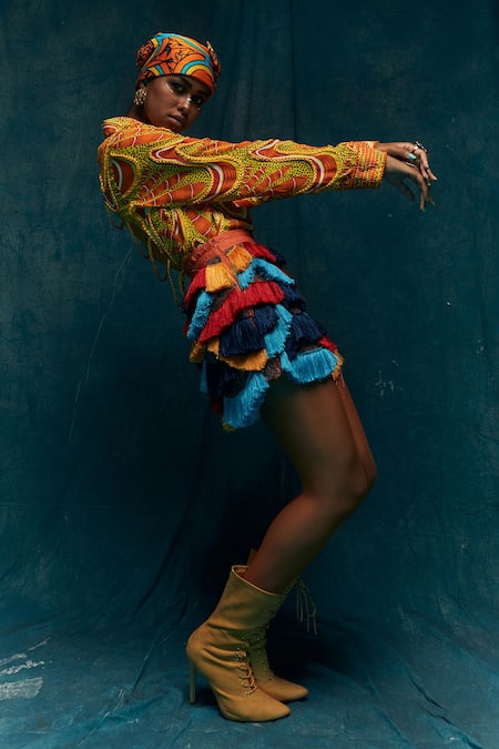 Esha L Amin_Multi Color Viscose Crepe Abstract Spread Collar Fringe Detail Skirt _Online_at_Aza_Fashions