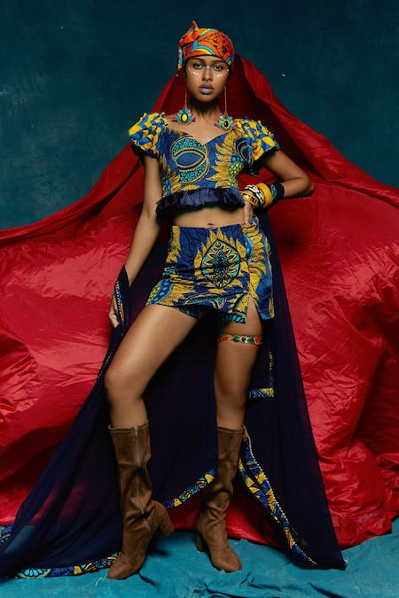 Esha L Amin Blue Modal Satin Abstract Sweetheart Neck Print Crop Top 