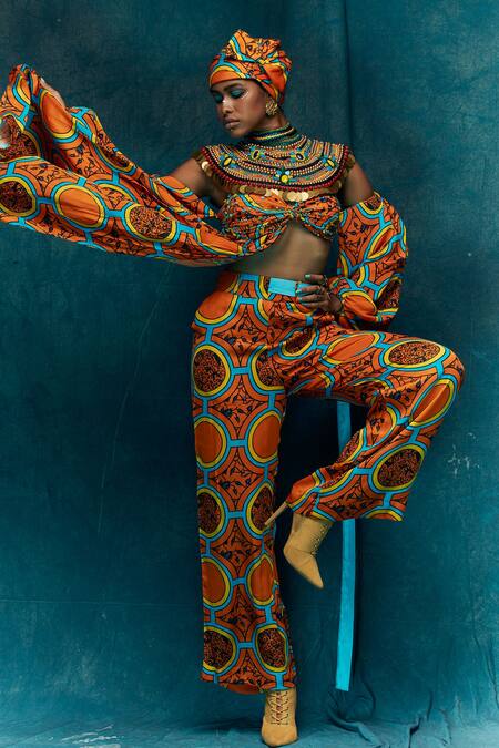 Esha L Amin Orange Modal Satin Geometric Pattern Pant 