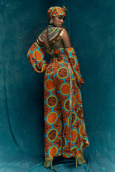 Shop Esha L Amin Orange Modal Satin Geometric Pattern Pant at Aza Fashions Shop_Esha L Amin_Orange Modal Satin Geometric Pattern Pant _at_Aza_Fashions