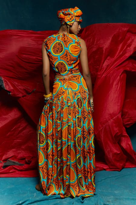 Shop Esha L Amin Orange Modal Satin Geometric Round Pattern Skirt at Aza Fashions Shop_Esha L Amin_Orange Modal Satin Geometric Round Pattern Skirt _at_Aza_Fashions
