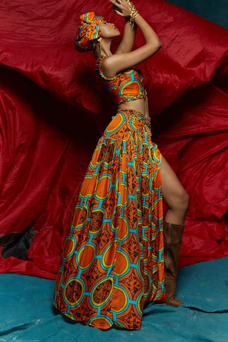 Esha L Amin Orange Modal Satin Geometric Round Pattern Skirt Online at Aza Fashions Esha L Amin_Orange Modal Satin Geometric Round Pattern Skirt _Online_at_Aza_Fashions