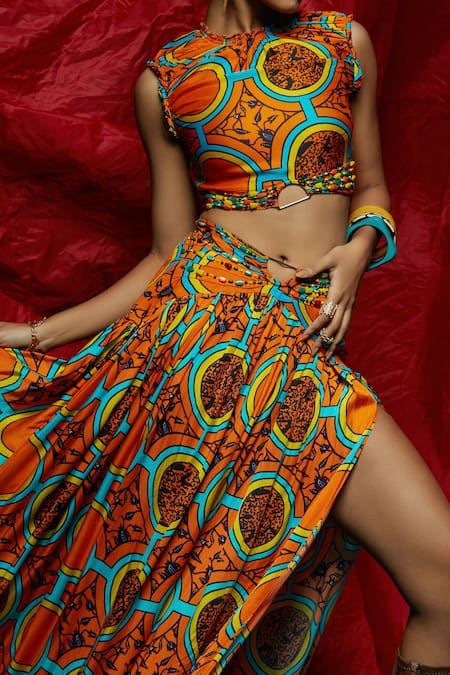 Buy Esha L Amin Orange Modal Satin Geometric Round Pattern Skirt Online at Aza Fashions Buy_Esha L Amin_Orange Modal Satin Geometric Round Pattern Skirt _Online_at_Aza_Fashions