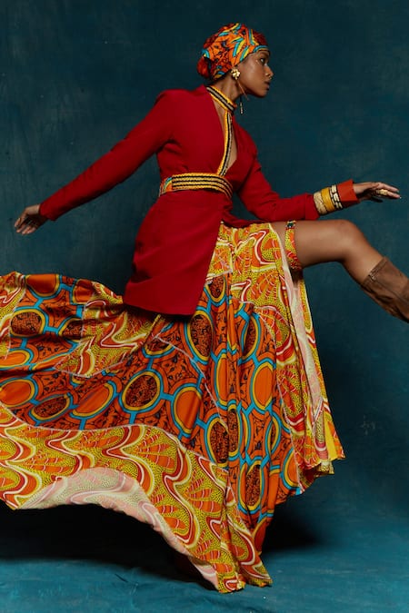 Esha L Amin Orange Modal Satin Abstract Print Skirt Online at Aza Fashions Esha L Amin_Orange Modal Satin Abstract Print Skirt_Online_at_Aza_Fashions