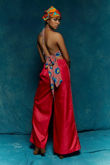 Shop_Esha L Amin_Pink Modal Satin Thread, Metal Coin Halter Neck Embroidered Top _at_Aza_Fashions