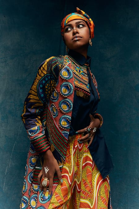 Esha L Amin Blue Viscose Crepe Abstract, Bead Open Embroidered Jacket Online at Aza Fashions Esha L Amin_Blue Viscose Crepe Abstract, Bead Open Embroidered Jacket _Online_at_Aza_Fashions