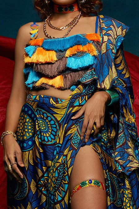 Buy_Esha L Amin_Multi Color French Crepe Tassel Square Neck Fringe Crop Top_Online_at_Aza_Fashions