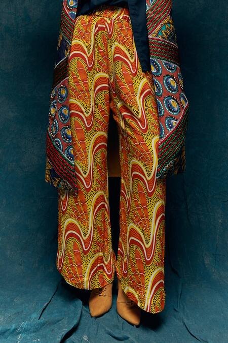 Esha L Amin_Yellow Viscose Wave Pattern Pant_Online_at_Aza_Fashions