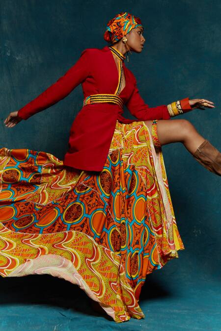 Esha L Amin Red Suiting Plain Open Button Down Blazer Online at Aza Fashions Esha L Amin_Red Suiting Plain Open Button Down Blazer _Online_at_Aza_Fashions