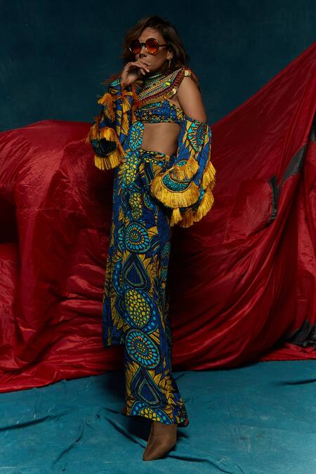 Esha L Amin_Blue Modal Satin Floral Print Pant_Online_at_Aza_Fashions