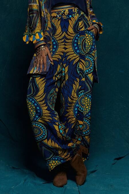 Buy_Esha L Amin_Blue Modal Satin Floral Print Pant_Online_at_Aza_Fashions