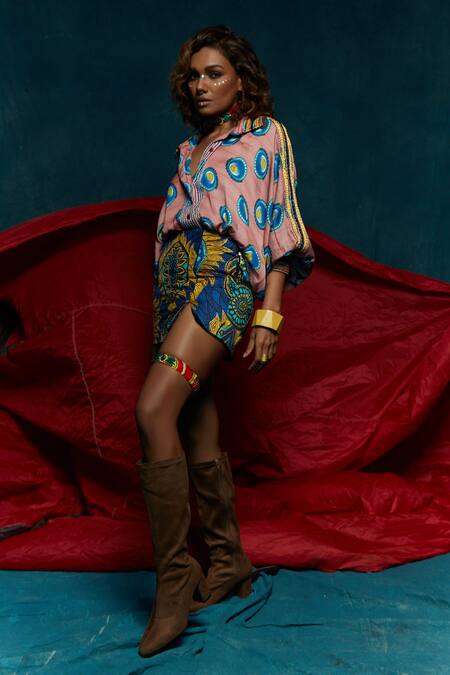 Esha L Amin Pink Silk Crepe Tennis Ball Spread Collar Pattern Shirt Online at Aza Fashions Esha L Amin_Pink Silk Crepe Tennis Ball Spread Collar Pattern Shirt _Online_at_Aza_Fashions