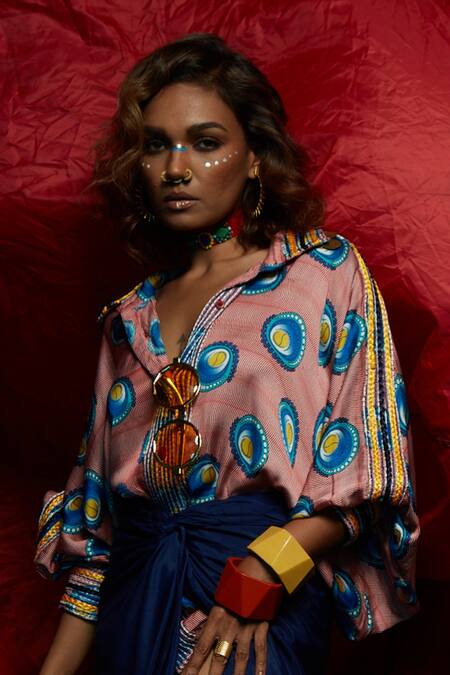 Buy Esha L Amin Pink Silk Crepe Tennis Ball Spread Collar Pattern Shirt Online at Aza Fashions Buy_Esha L Amin_Pink Silk Crepe Tennis Ball Spread Collar Pattern Shirt _Online_at_Aza_Fashions