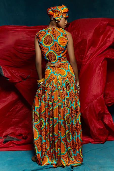 Shop_Esha L Amin_Orange Modal Satin Beads And Abstract Pattern Round D-ring Crop Top _at_Aza_Fashions