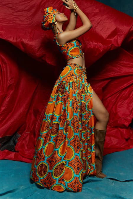 Esha L Amin_Orange Modal Satin Beads And Abstract Pattern Round D-ring Crop Top _Online_at_Aza_Fashions