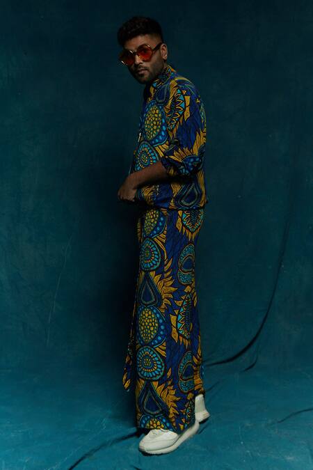 Esha L Amin_Blue Modal Abstract Motifs Pattern Bomber Jacket _Online_at_Aza_Fashions