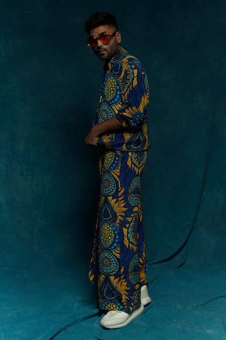 Esha L Amin_Blue Modal Satin Abstract Motifs Pattern Bomber Pant _Online_at_Aza_Fashions