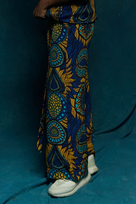 Buy_Esha L Amin_Blue Modal Satin Abstract Motifs Pattern Bomber Pant _Online_at_Aza_Fashions