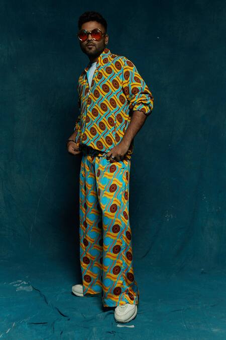 Esha L Amin_Blue Modal Wheel Motifs Print Bomber Jacket _Online_at_Aza_Fashions