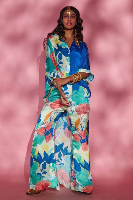 Buy Multi Color Modal And French Crepe Floral High Low Hem Shirt For Women  by Eshaa Amiin Online at Aza Fashions.