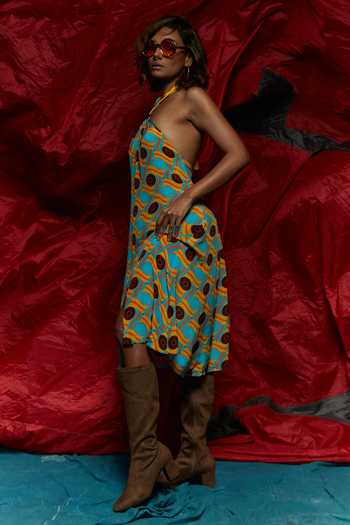 Esha L Amin Blue Viscose Crepe Wheel Motifs Halter Print Neck Tunic Online at Aza Fashions Esha L Amin_Blue Viscose Crepe Wheel Motifs Halter Print Neck Tunic_Online_at_Aza_Fashions