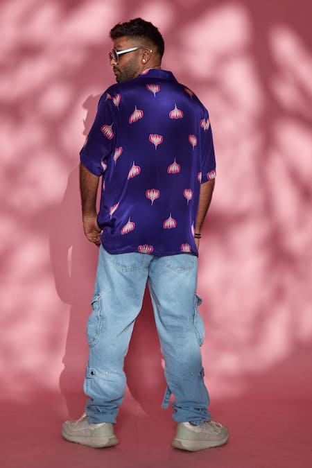 Shop_Esha L Amin_Purple Modal Lotus Print Shirt _at_Aza_Fashions
