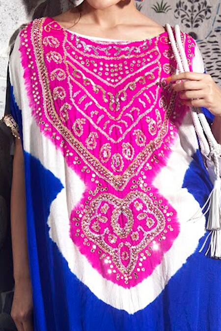 Buy_Etasha by Asha Jain_Blue Tunic- Gajji Silk Embellished Gota Boat Kaftan _Online_at_Aza_Fashions