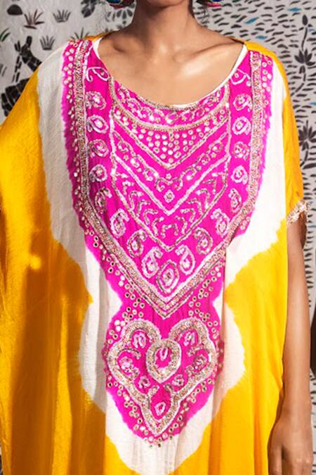 Buy_Etasha by Asha Jain_Yellow Tunic- Gajji Silk Embellished Gota Scoop Neck Kaftan _Online_at_Aza_Fashions