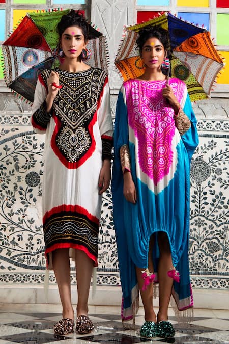 Etasha by Asha Jain_Blue Tunic- Gajji Silk Embellished Gota Round Kaftan _Online_at_Aza_Fashions