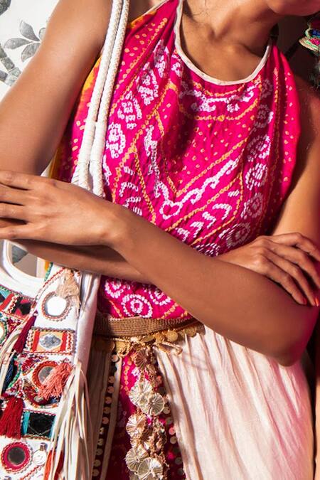 Etasha By Asha Jain_Beige Gajji Silk Bandhani Halter Jumpsuit _Online_at_Aza_Fashions